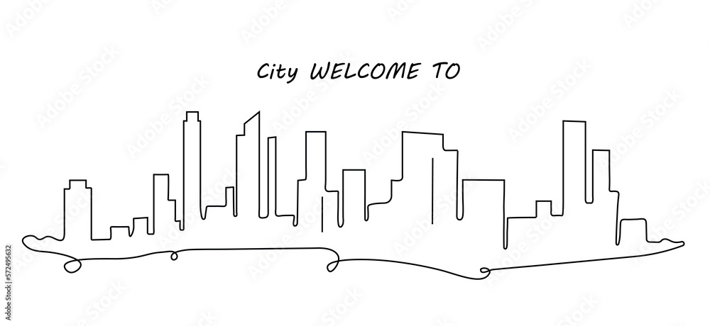 Single one line city. Urban architecture, skyscrapers. Minimalistic creativity and art. Poster or banner for website. Sketch landscape, design element for website. Cartoon flat vector illustration
