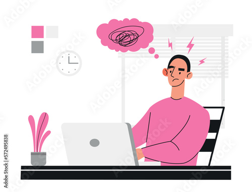 Man with stress. Young thoughtful guy sitting at laptop. Workplace pressure, overworked and tired employee. Frustration and depression, emotional mental burnout. Cartoon flat vector illustration