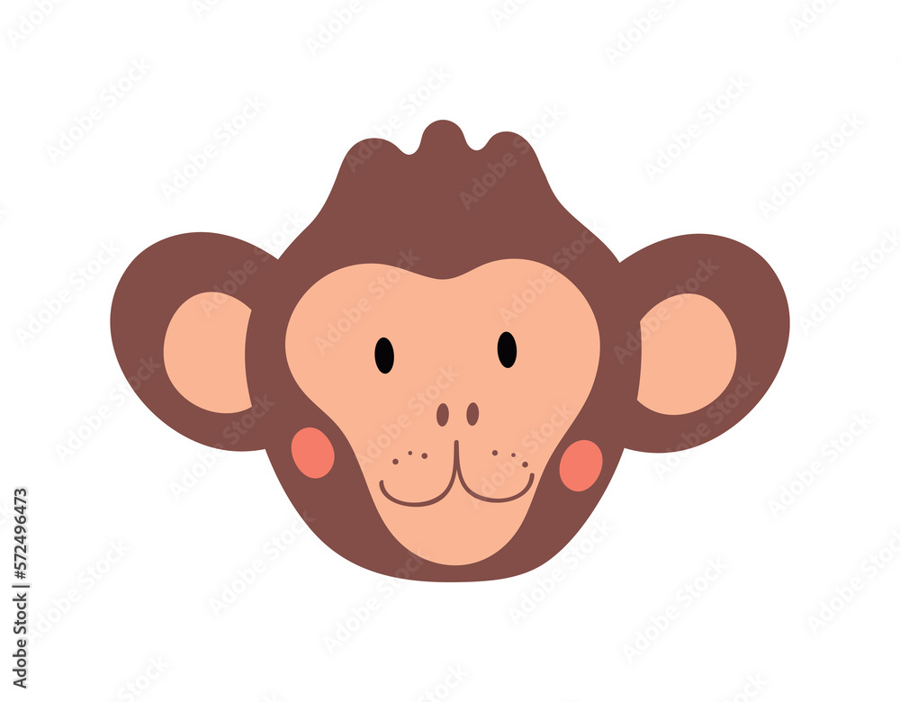 Cute monkey head. Tropical and exotic animal, jungle and african savannah. Logo with minimalist design. Adorable toy or mascot for children. Cartoon flat vector illustration Cute monkey head. Tropical and exotic animal, jungle and african savannah. Logo with minimalist design. Adorable toy or mascot for children. Cartoon flat vector illustration