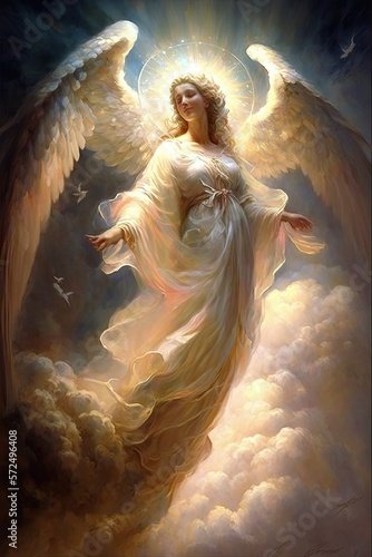 Golden Angel, AI Generated Image of a Beautiful Golden Angel Ascending into Heaven photo