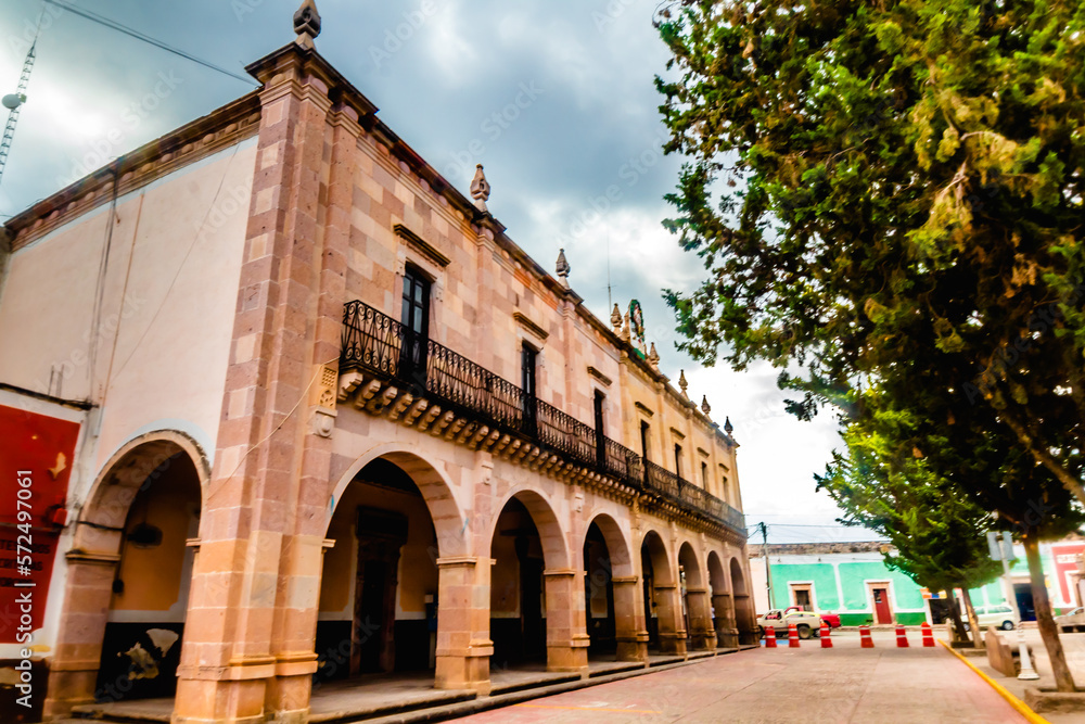 colonial building in cloudy day with three in foreground , city hall in monte escobedo zacatecas