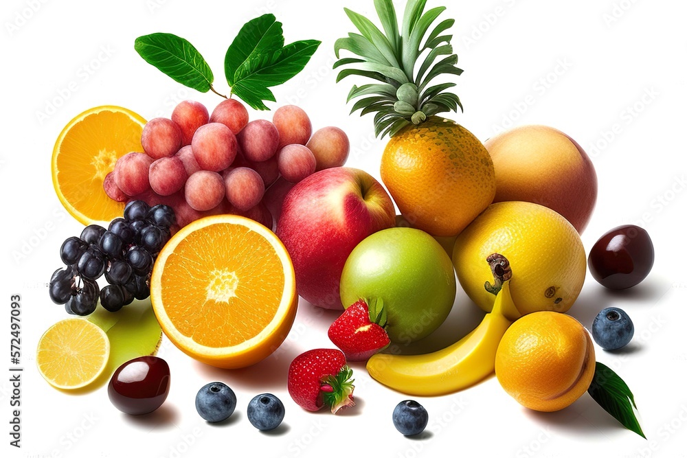 Summer combined fruits consist of pineapple, grapes, kiwis, berries and oranges split on a white background. AI-generated images Summer combined fruits consist of pineapple, grapes, kiwis, berries and oranges split on a white background. AI-generated images