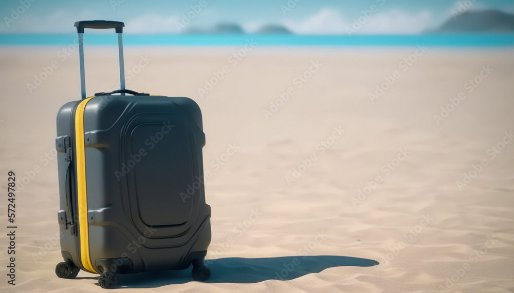 A black suitcase resting on the shoreline