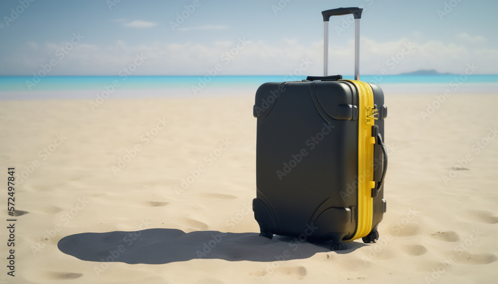 A black suitcase waiting for its owner to return from a swim A black suitcase waiting for its owner to return from a swim