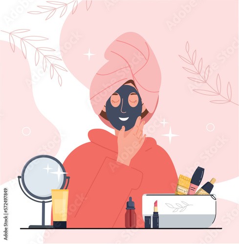 Woman with organic cosmetics. Young girl applies face mask, skin care and spa treatments. Character with cream, spray, lipstick and mascara. Everyday routine, hygiene. Cartoon flat vector illustration