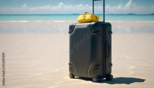 A minimalist black suitcase sitting on the beach with endless possibilities photo