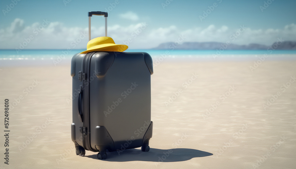 A black suitcase in the sand, beckoning you to the ocean A black suitcase in the sand, beckoning you to the ocean