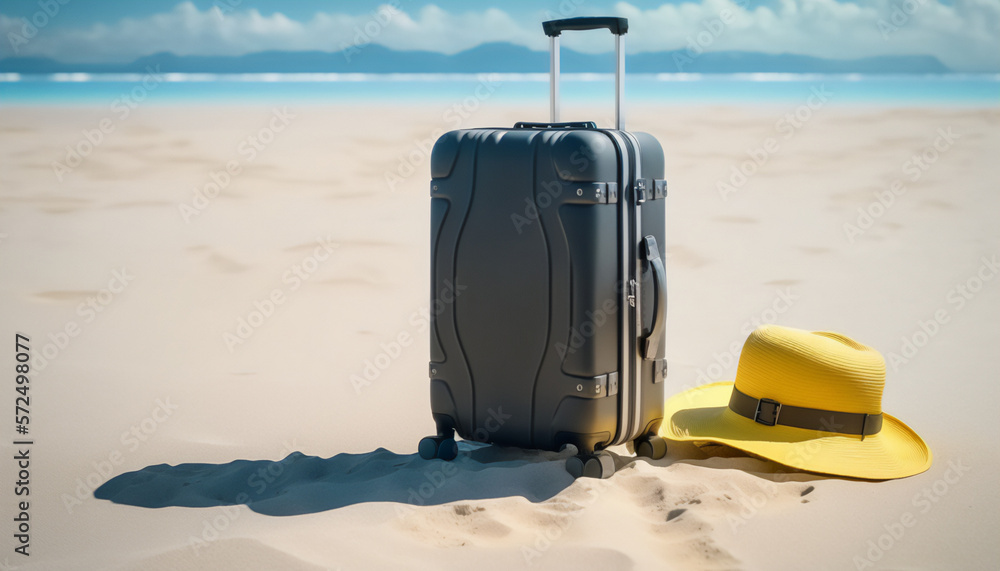 A black suitcase waiting to be filled with memories by the beach