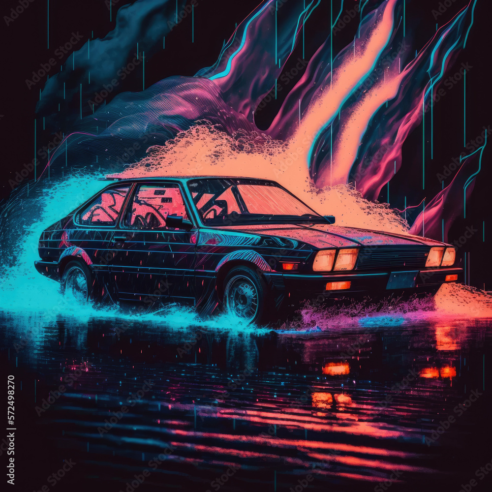 car in the city night, neon synth vibe 80' retro electro, generative ai, retro wave journey, reflection rain asphalt road