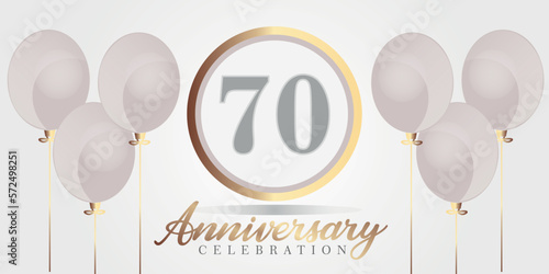 Vector 70th year anniversary celebration background. gray and gold color numbers and text with balloons.