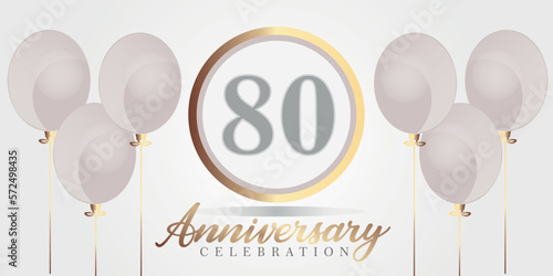 Vector 80th year anniversary celebration background. gray and gold color numbers and text with balloons.