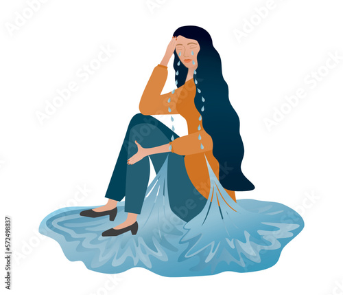 Woman crying endlessly, tears dropping down to a puddle of water. Isolated on white. Depression, sadness and loss. Vector illustration.