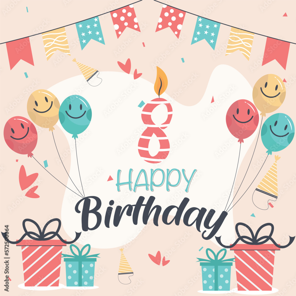 Vector 08th happy birthday vector design for greeting cards and poster with balloon and gift box design. Vector 08th happy birthday vector design for greeting cards and poster with balloon and gift box design.