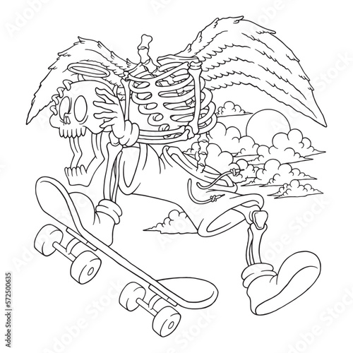 coloring illustration of flying skateboarder skeleton