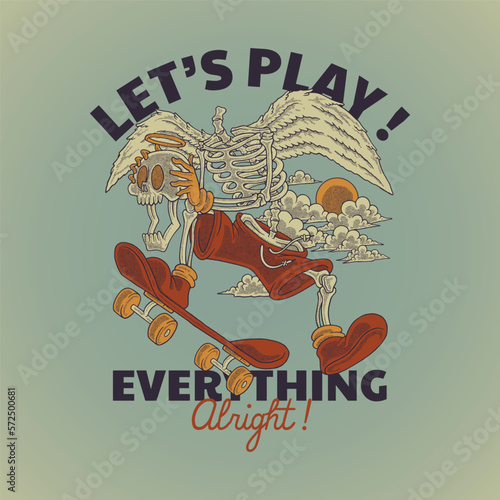 cartoon emblem of flying skateboarder skeleton with retro style