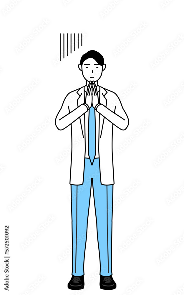 体の前で手を合わせて謝る白衣を着た男性医師