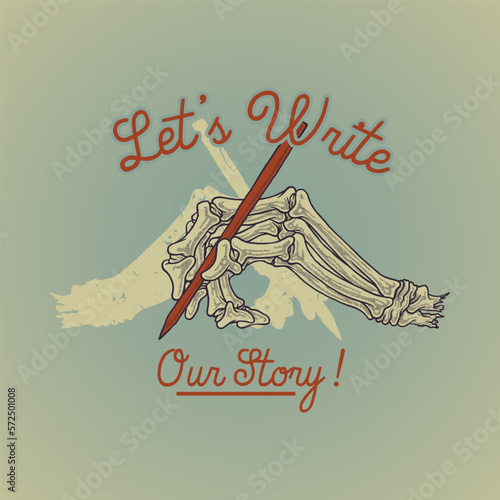 cartoon emblem of skeleton hand writing with retro style