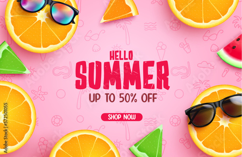 Summer sale vector background. Hello summer greeting text with up to 50% off holiday season discount. Vector illustration summer promotion offer.