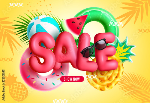 Summer sale vector design. Summer sale 3d text for holidays season promo with beach elements in background. Vector illustration summer sale business ads.
