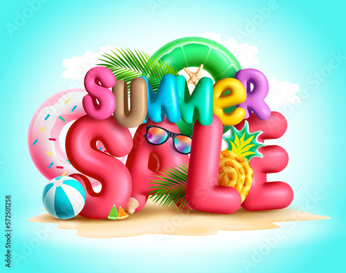 Summer sale vector design. Summer sale 3d text in island for holidays season promo. Vector illustration summer advertisement..