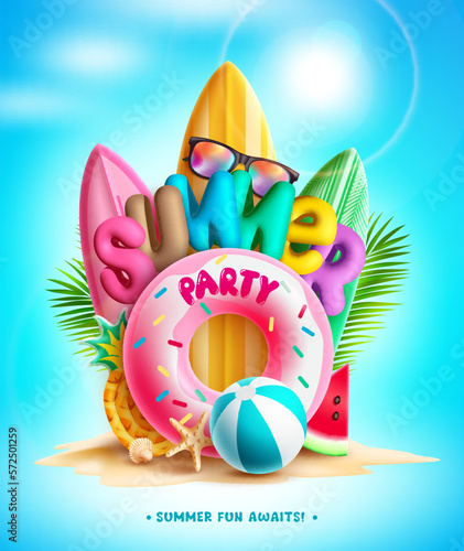 Summer party vector design. Summer party 3d text in island background for holidays fun and enjoy celebration. Vector illustration summer invitation.