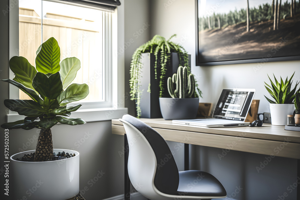 home office interior concept design features a beautiful natural plant ...