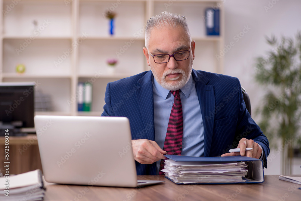 Old male employee working in the office Old male employee working in the office