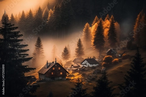 A wonderful village in the middle of the forest  pine trees in the mist  beautiful lights