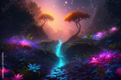 Fantasy world with glowing bioluminescence Avatar trees  plants  and waters. Abstract magical background.