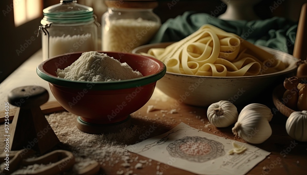 Fototapeta premium still life with ingredients for cooking. Pasta Italian meal. Tomatoes, garlic, basil, cheese, parmesan, and vegetables. Hearty meal.