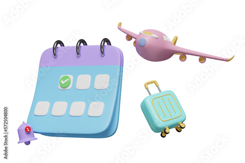 3d calendar with suitcase, airplane, checkmark icons, marked date, notification bell flight isolated. schedule appointment, summer travel, itinerary concept, 3d render illustration