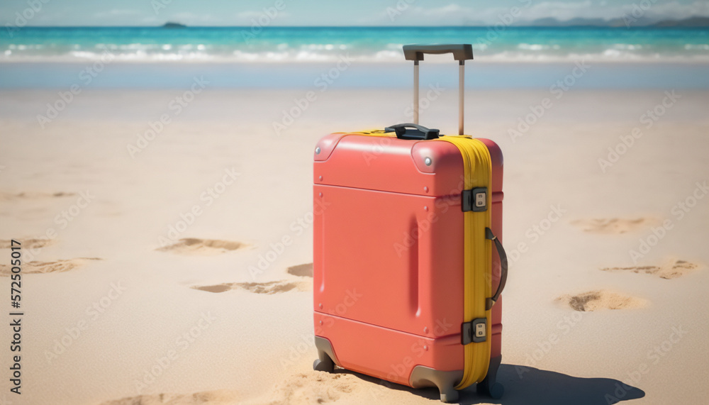 A red suitcase filled with excitement for a seaside adventure A red suitcase filled with excitement for a seaside adventure