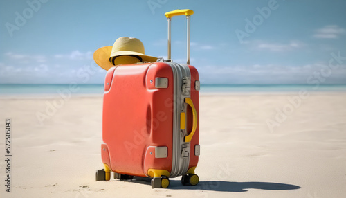 A red suitcase laying on the beach with the ocean in the background photo