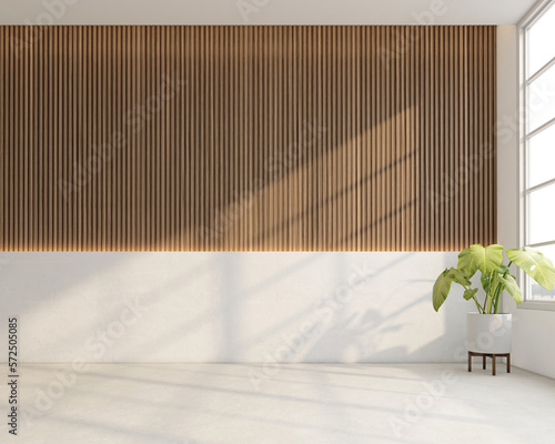Fototapeta Naklejka Na Ścianę i Meble -  Japanese style empty room decorated with white wall and wooden slats wall, white concrete floor. 3d rendering