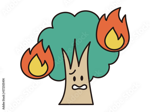 山火事などで燃える木のキャラクター