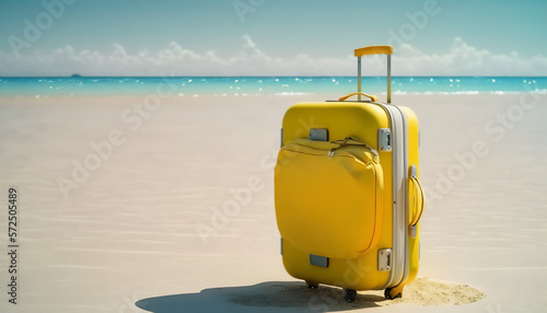 A beach vacation essential - a yellow suitcase near the sea photo