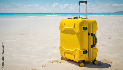 A simple yellow suitcase on a white sandy beach photo