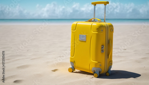 A yellow suitcase filled with excitement for a seaside adventure photo