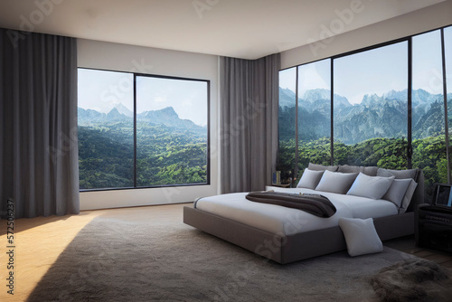 Relaxing Spring Primary Bedroom Interior with Mountain Views in Nature Made with Generative AI