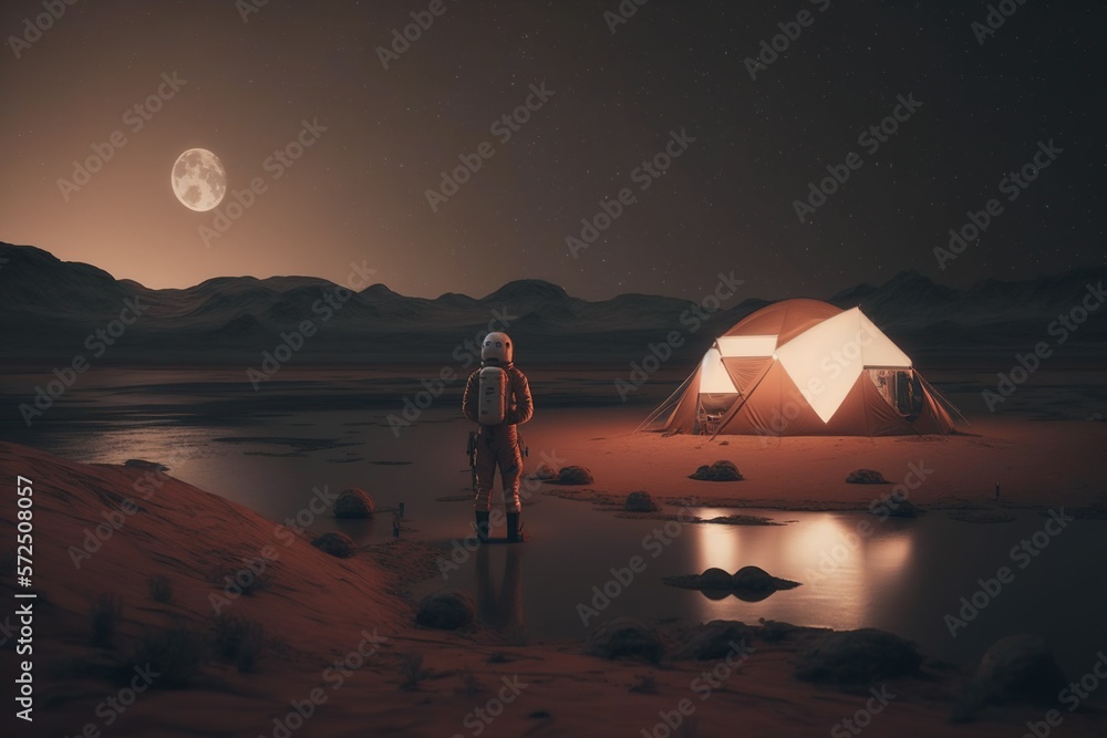 Astronaut vacationing on mars and making a tent beside the lake. Generative AI