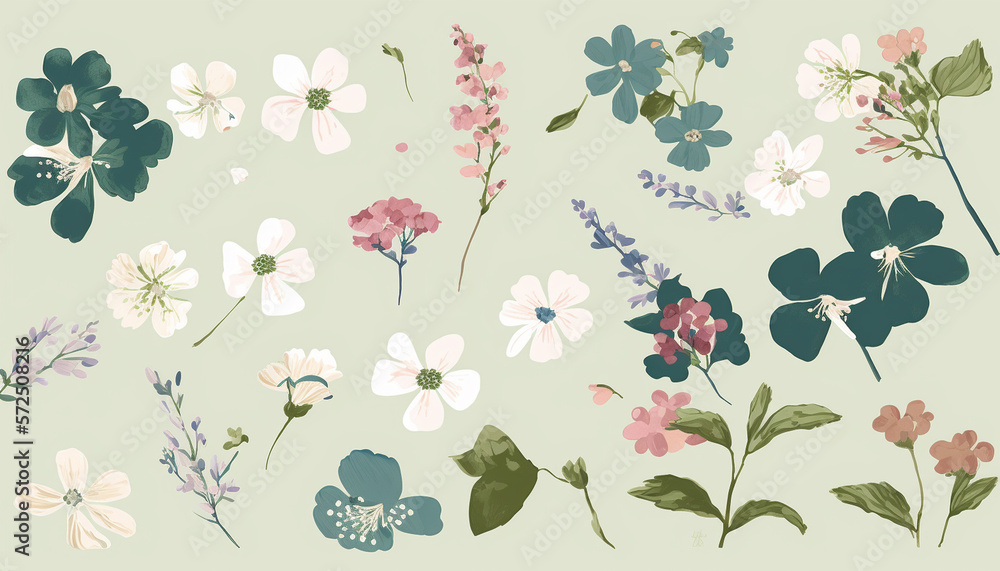 Floral Patterns on Light Background, Green Leaves and Foliage with Many Colors, Pressed Flowers - Generative AI