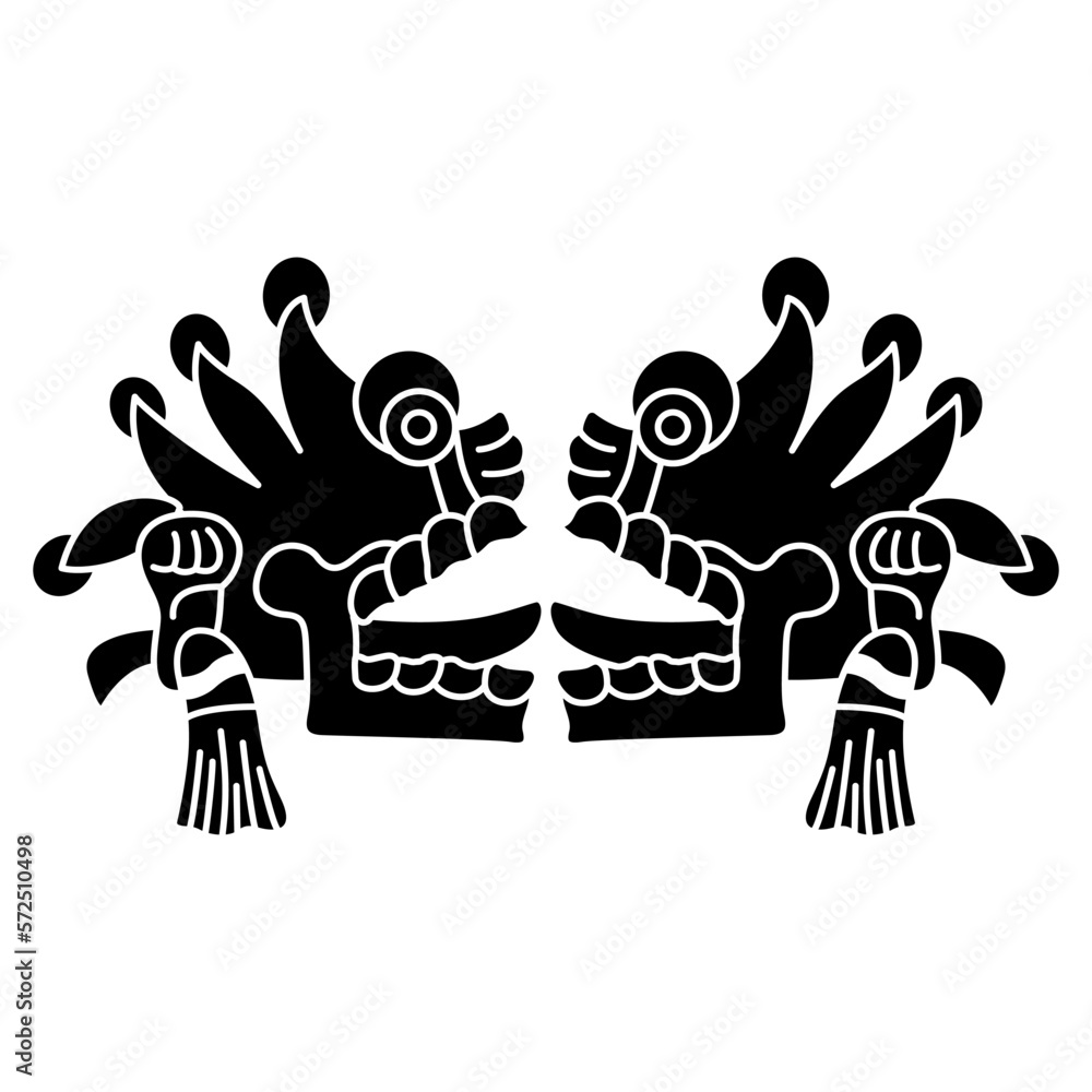 Symmetrical ethnic design with two Aztec skulls with open mouths and stick out tongues. Native American symbol from Mexican codex. Black and white silhouette.