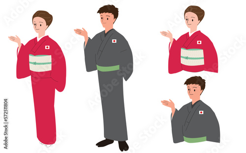 インバウンドの歓迎をする着物姿の男女セット