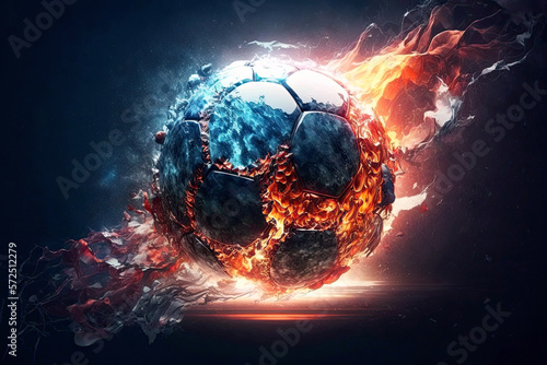 fast flying burning soccer ball in fire and ice on dark background. Generative AI