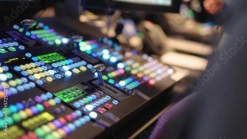 Technical director operating a switcher in the control room of a TV studio. Worker changing the output on a broadcast switcher board in a television studio. photo