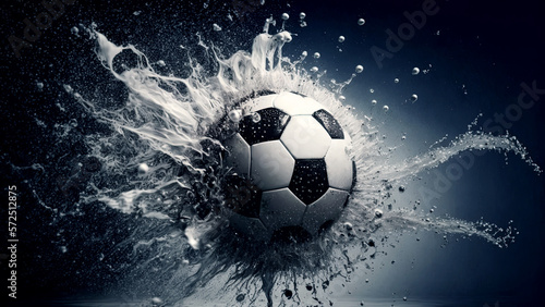 soccer ball in splash of water on blue background. Generative AI