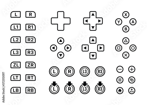 Video game controller button set collection line art vector icon for games and websites