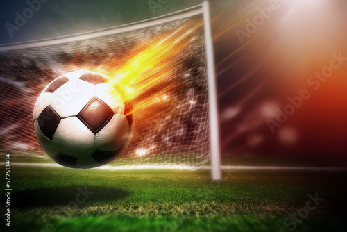 burning soccer ball on flying over a football stadium. Generative AI © alexkoral
