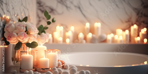 White stone bath in modern bathroom with rose petals and candles. Romantic Atmosphere, Burning Scented Candles and rose petals. digital ai art