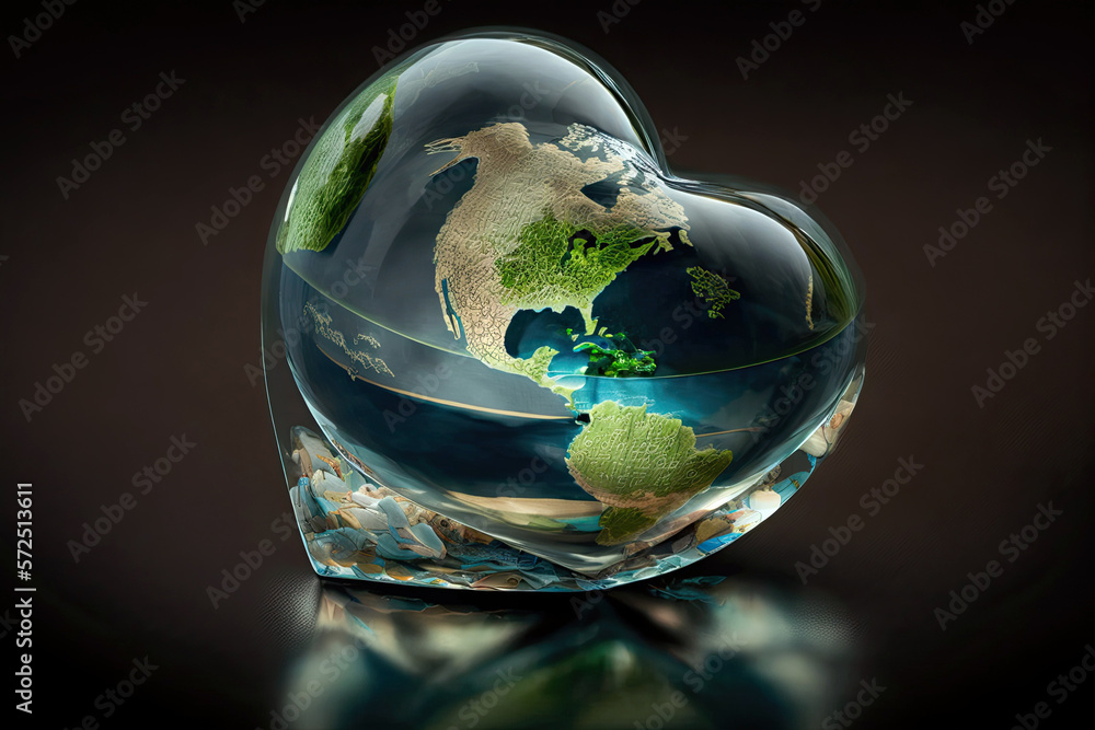 planet Earth in transparent heart. Concept of environmental protection for Earth Day. Generative AI